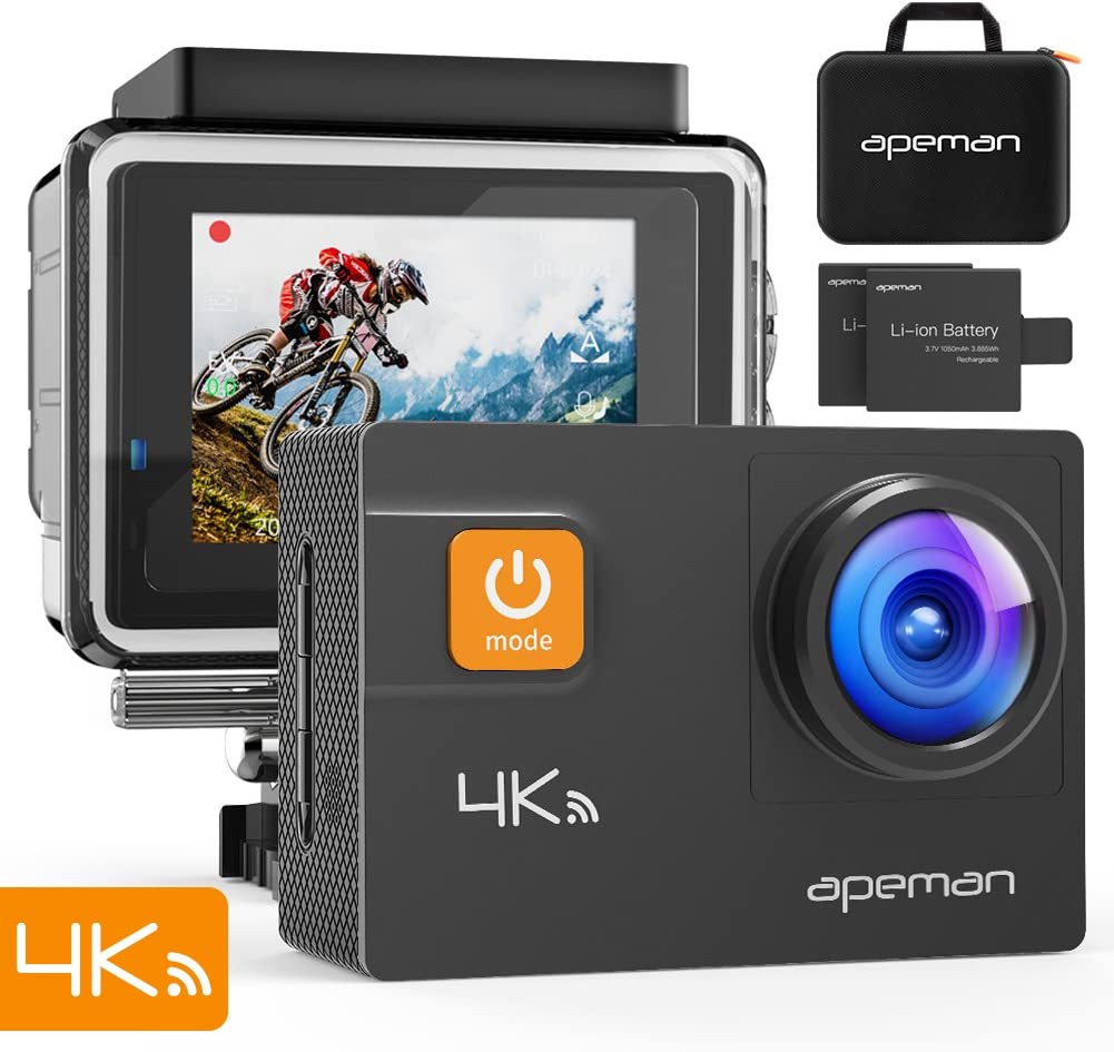 APEMAN A80 Action Camera 4K 20MP Wi-Fi Sports Cam 4X Zoom EIS 40M Waterproof Underwater Camcoder with 19 Accessories and Carring Case, for Yutube/Vlog Videos, PC Webcam
